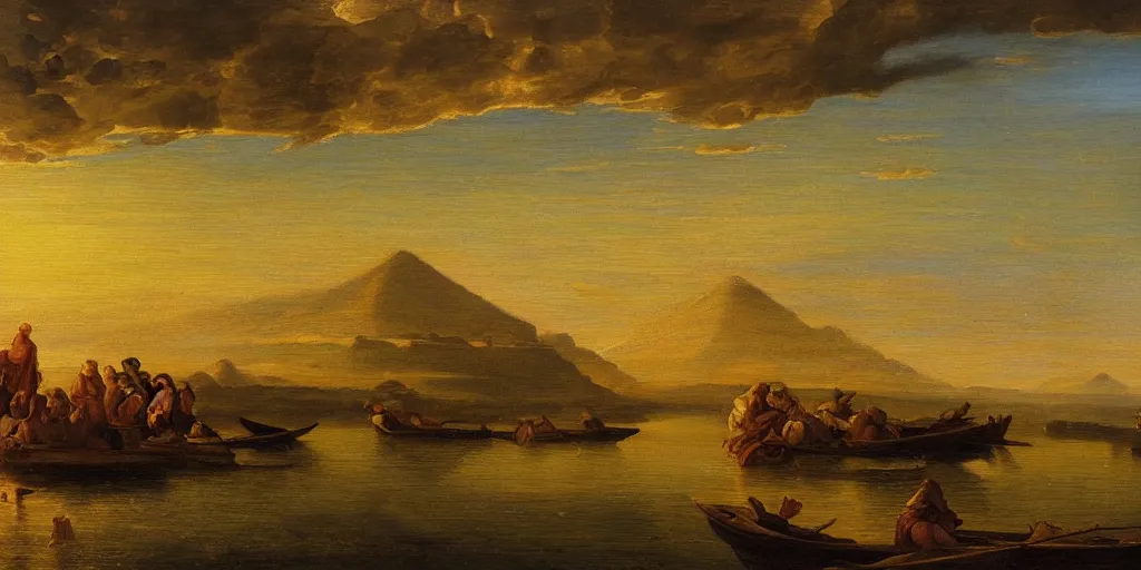 Prompt: Highly detailed and cinematic Renaissance period oil painting of the Nile, an oil painting ((masterpiece)) by ((Josep Tapiró Baró)), dynamic lighting, 8K