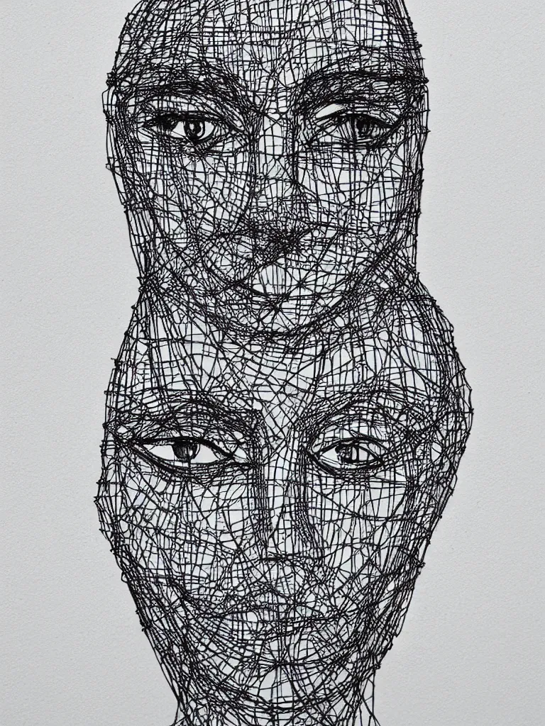 Prompt: elegant minimal thick metal wire art of a symmetrical and expressive female human face, influenced by gejza schiller portraits
