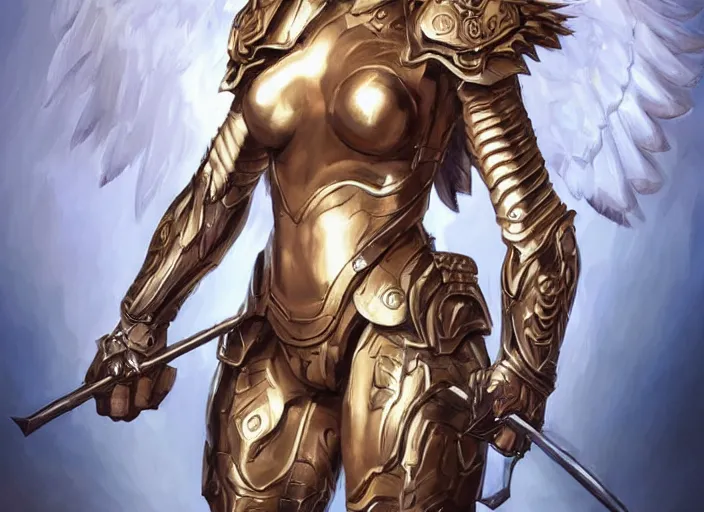 Image similar to Portrait angel warrior armour pants with graved runes , highly detailed, digital painting, artstation, concept art, smooth, sharp focus, illustration, art by Hajime Sorayama