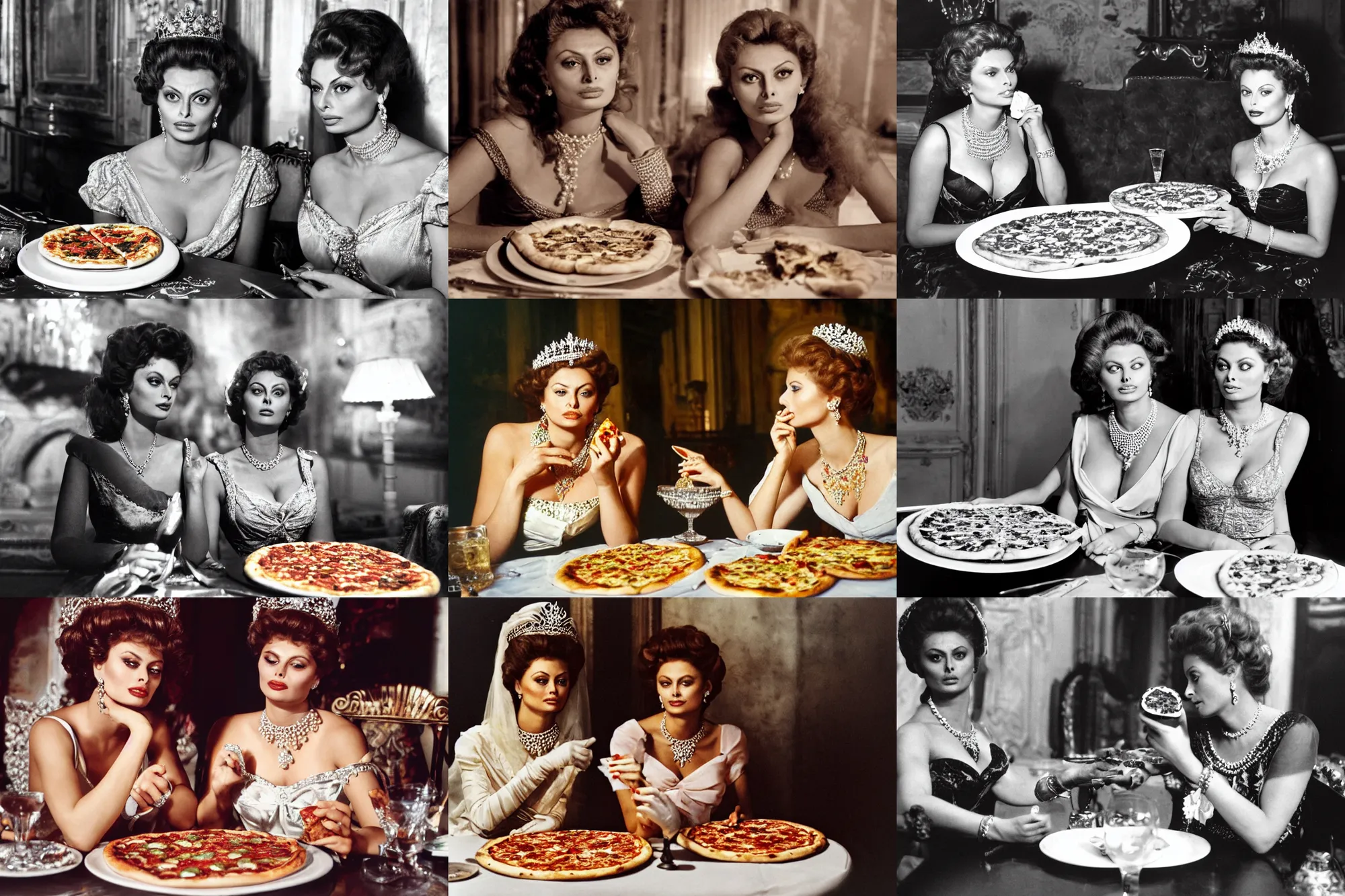 Prompt: a highly detailed photo of two young beautiful women sitting at a long take sharing a pizza margherita, queen margherita of savoy, sophia loren, tiara, pearl necklace, right angled view, smooth lighting, masterpiece, timeless, genious composition