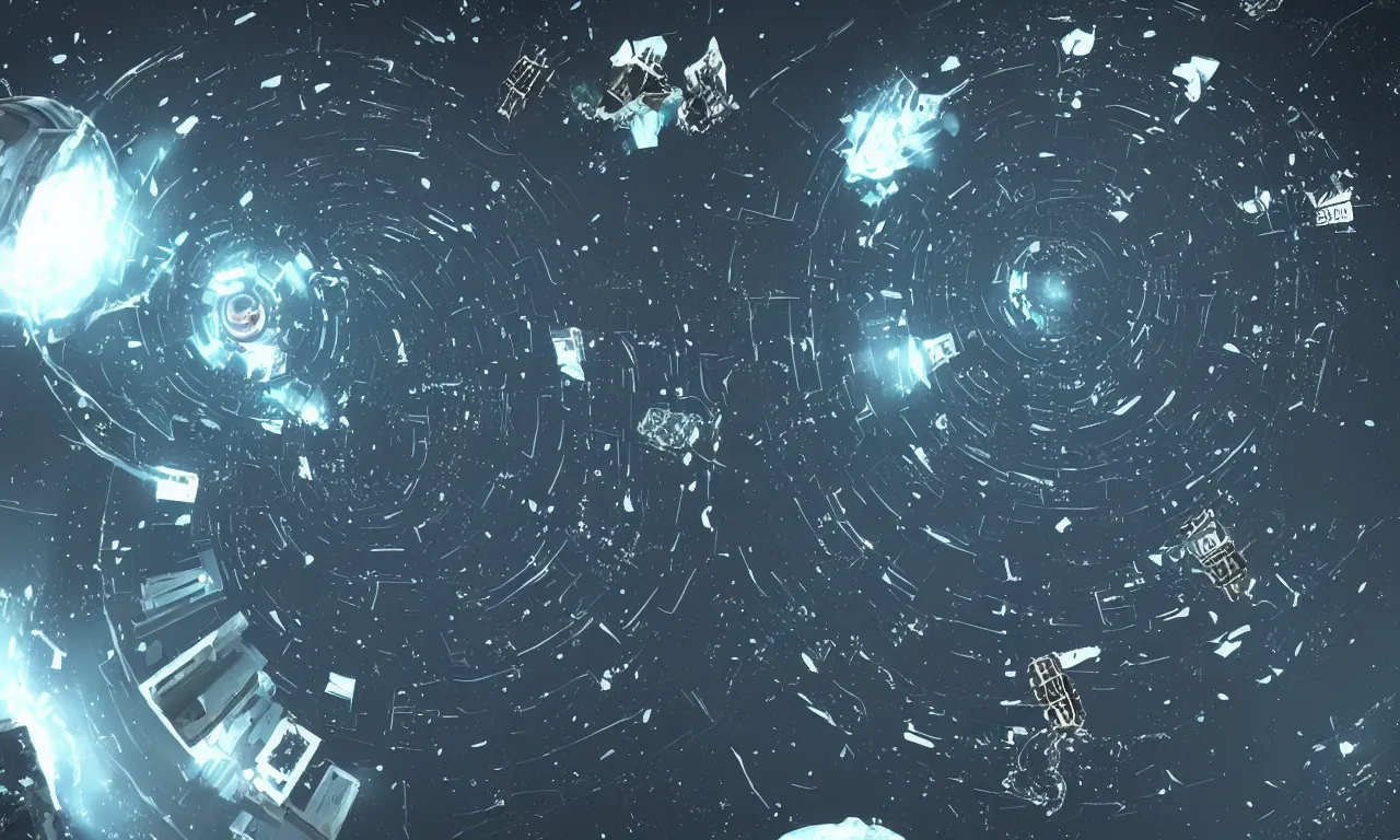 Prompt: space junk forms single tiled vortex in empty dark space, dark sci - fi game concept