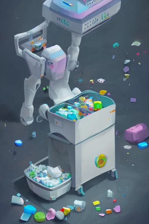 Image similar to Diaper Disposal Robot, Overflowing with Diapers, digital art, fantasy, trending on artstation, professional illustration, cgsociety, ultra detailed, volumetric lighting, celshaded, colorful, girly bedroom