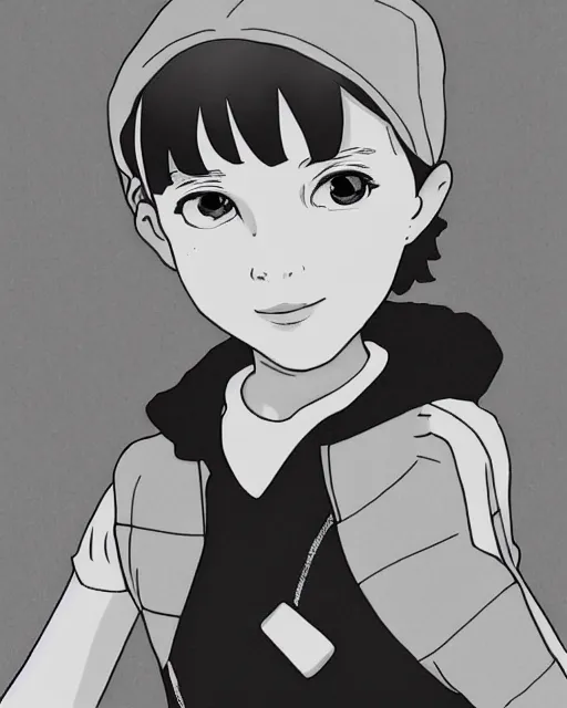 Image similar to Millie Bobby Brown in black and white anime