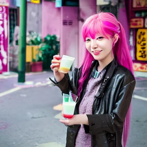 Image similar to korean anime girl with pink hair walking in seoul, drinking boba drink at night