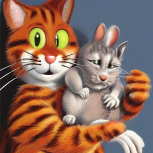 Image similar to hyper realistic tom the cat clutching jerry the mouse, both looking directly at the camera with bloodshot eyes