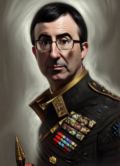 Image similar to portrait of stoic looking john oliver as in the vigo carpathian painting, military uniform, fantasy, intricate, elegant, beautiful, highly detailed, charcoal, centered, dark, smokey, digital painting, artstation, concept art, smooth, sharp focus, illustration, art by artgerm and greg rutkowski and alphonse mucha