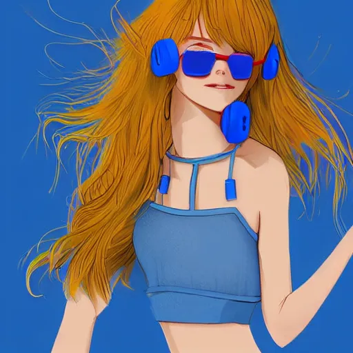 Prompt: if bluetooth was an actual human female, wearing blue crop top with the bluetooth logo on and blue pyjama shorts, digital image, character illustration, highly detailed, long blue hair, background of a blue flower field, trending on art station, art, by jason chan
