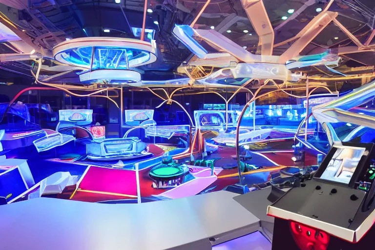 Image similar to futuristic high - tech tv show arena with mini games happening outside, wide angle, cinematographic shot, day