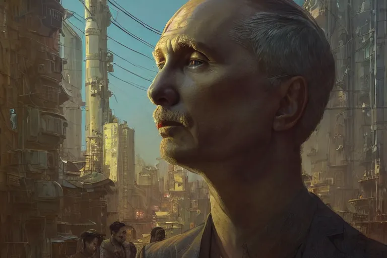 Image similar to A solarpunk very highly detailed Putin with very highly detailed face on the street of a very highly detailed smooth solarpunk city digital concept art by Greg Rutkowski, neofuturistic highly detailed, digital concept art, Dimensional cyan gold natural light, sharp focus, Golden Ratio illustration, realistic concept art by Stephen Hickman and James Gurney and Hiromasa Ogura Ghost in the Shell rendered in Octane Render, From the distance