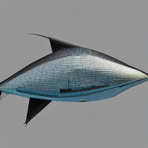 Image similar to Tuna shaped spaceship, elegant, futuristic, fish, 3d render