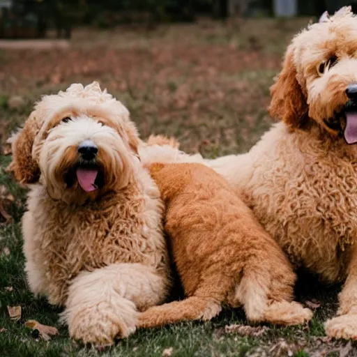 Image similar to a huge pile of golden doodle dogs, photography