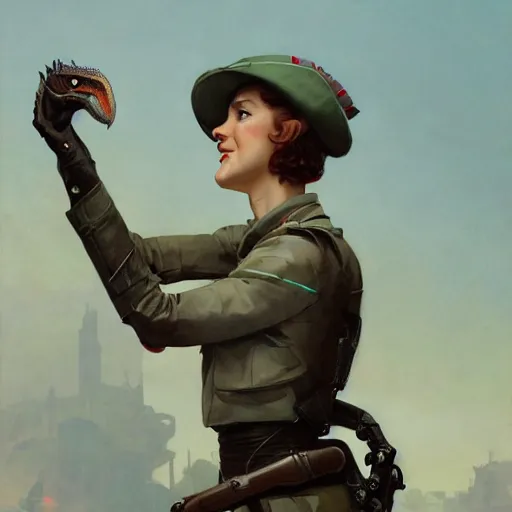 Prompt: a detailed matte painting of a cyborg velociraptor wearing a beret, in nazi occupied france, french resistance, 8 k, artstation, art by greg rutkowski and alphonse mucha