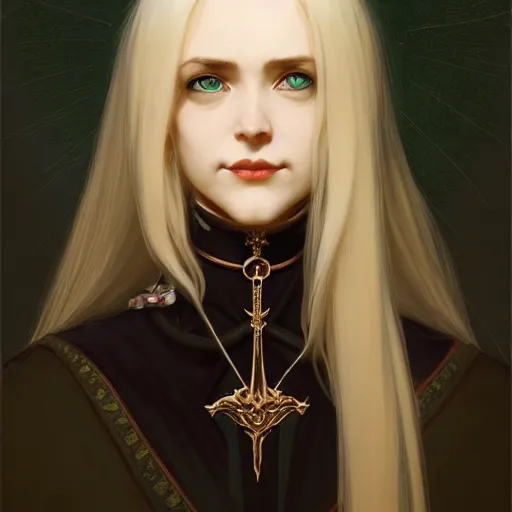 Image similar to Portrait of seductive female priest, D&D, green eyes, choker on neck, long blonde hair, slight nerdy smile, fantasy, intricate, elegant, highly detailed, digital painting, artstation, concept art, smooth, sharp focus, illustration, art by artgerm and greg rutkowski and alphonse mucha