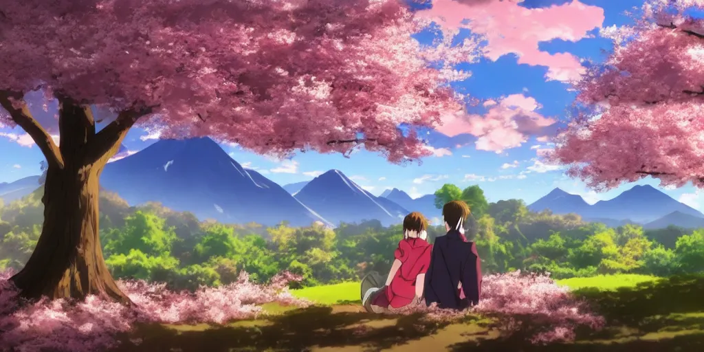 Image similar to A beautiful landscape, trees with cherry blossoms in the foreground, mountains and sunset in the background. Under a tree sits a young couple, anime style