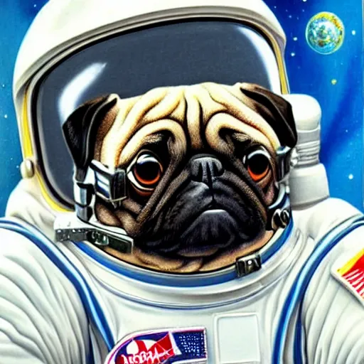 Image similar to hyper realistic, highly detailed, astronaut pug in space.