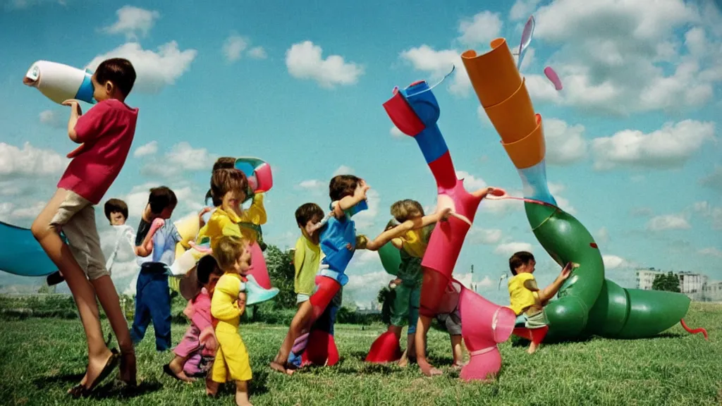 Prompt: 1 9 6 0's children playing with plastic flying tornado - and spiral - shaped toy called