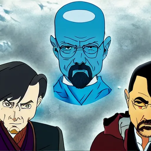 Image similar to Walter White and Jesse Pinkman in avatar the last Airbender, screenshot, still, digital art, highly detailed, in the style of Avatar the Last airbender, in the style of The Legend of Korra