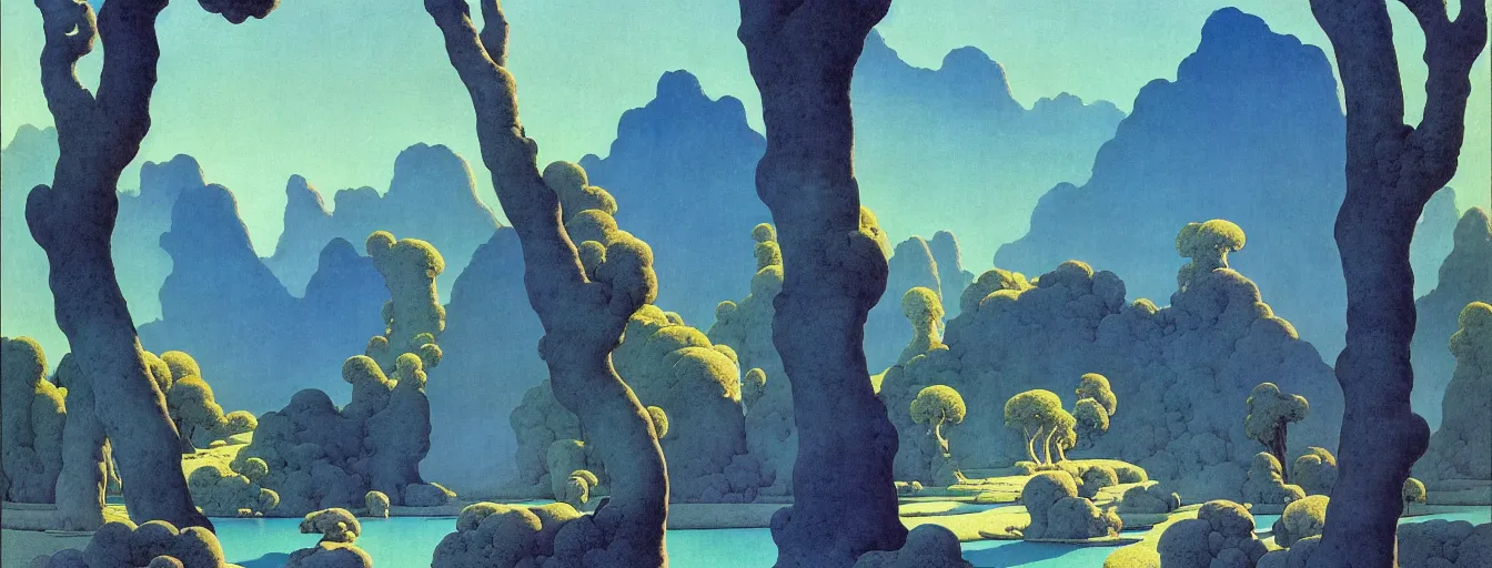 Prompt: a gorgeous very early spring blue desert painting by barlowe wayne maxfield parrish and marco mazzoni. tree no leaf!!!! china mountain village!! grey blue and very little light verdancy. ultra clear detailed. 3 d, octane render. turbulent blood lake.