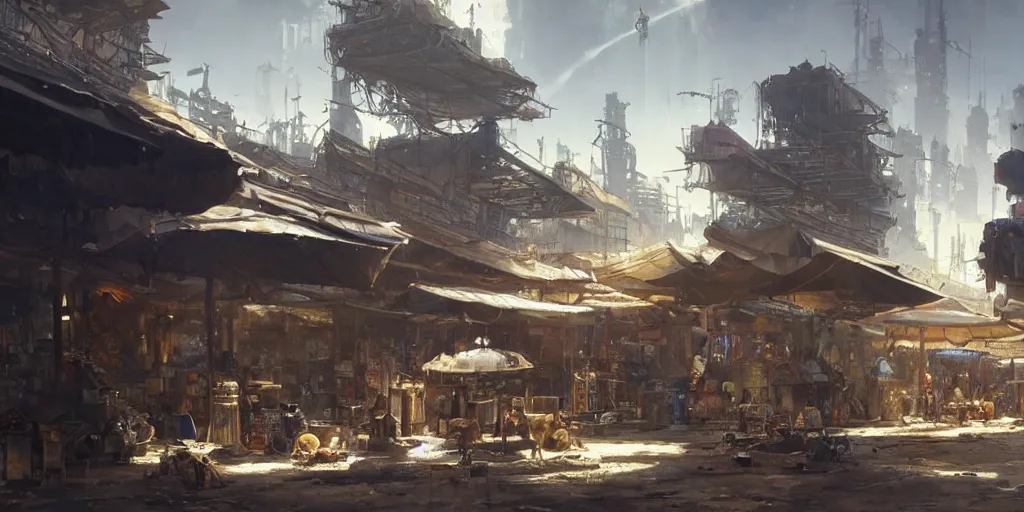 Prompt: screenshot of a marketplace in a honeycombed makeshift city, dappled light, colossal arcing metal megastructures high in the sky, beautiful, awe inspiring, fps, by james gurney, greg rutkowski, sparth, cinematography, cinematic masterpiece