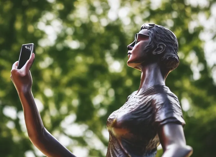 Image similar to photo still of a bronze statue of a woman using an iphone to take a selfie in a park on a bright sunny day, 8 k 8 5 mm f 1 6