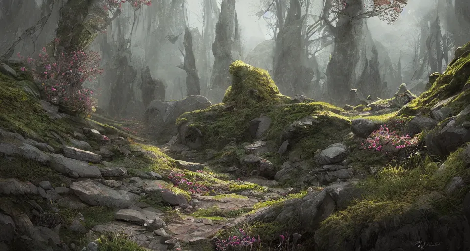 Image similar to Beautiful uplifting glade bg. Elven stone monuments along the pristine well-maintained pathway. Mysterious stone monuments. J.R.R. Tolkien's Middle-Earth. Trending on Artstation. Digital illustration. Artwork by Darek Zabrocki and Sylvain Sarrailh. Concept art, Concept Design, Illustration, Marketing Illustration, 3ds Max, Blender, Keyshot, Unreal Engine, ZBrush, 3DCoat, World Machine, SpeedTree, 3D Modelling, Digital Painting, Matte Painting, Character Design, Environment Design, Game Design, After Effects, Maya, Photoshop.