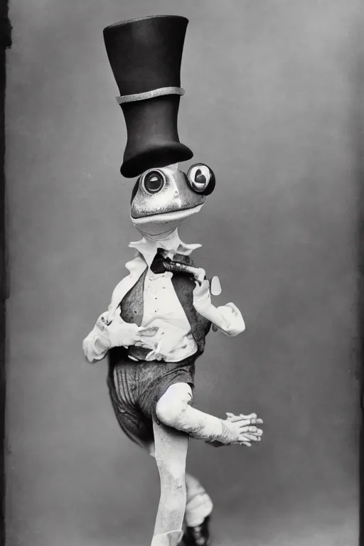 Image similar to a wet plate photo of an anthropomorphic sing and dancing vaudeville frog, porkpie hat