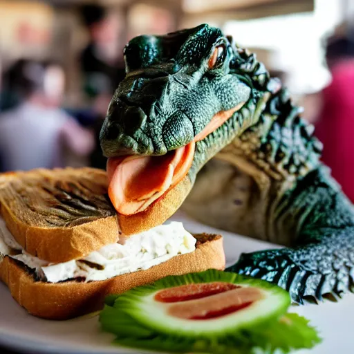 Image similar to a crocodile eating a sandwich