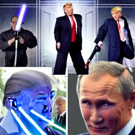 Image similar to photo of putin, trump, obama and bush having a lightsaber fight, starwars poster style