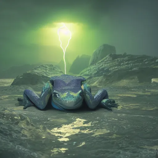 Prompt: a frog solider with muscles standing on two feet and lifting a planet, cinematic lightning, 8 k, octane, digital art, matte painting, vivid colors