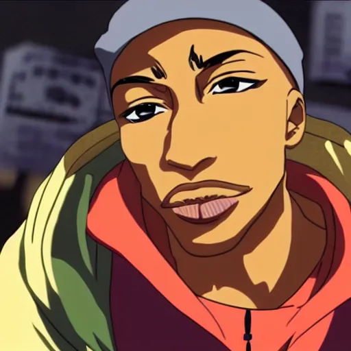 Image similar to Tupac Shakur, screenshot from a 2012s anime