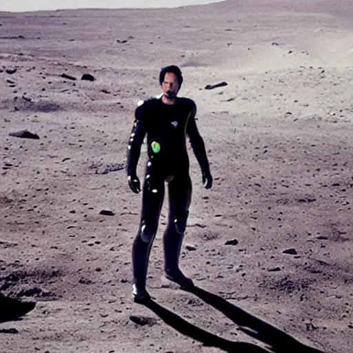 Image similar to keanu reeves at the age of 3 4 wearing a tron legacy suit, in the surface of the moon behind you can see the milky way