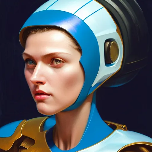 Prompt: head and shoulders portrait of a female Megaman hyperrealistic, digital illustration, dark fantasy, medium shot, intricate, elegant, highly detailed, digital painting, volumetric light, artstation, concept art, smooth, sharp focus, illustration by Sachin Teng, armor by Donato Giancola, face by Gil Elvgren, paintstrokes by Greg Manchess, background by Alphonse Mucha