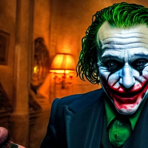 Image similar to stunning awe inspiring ( robin williams ) as the joker 8 k hdr movie still atmospheric lighting