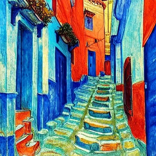Prompt: narrow streets of old chefchaouen, turquoise and blue color, graphic novel, watercolor, by claude monet, by edward munch