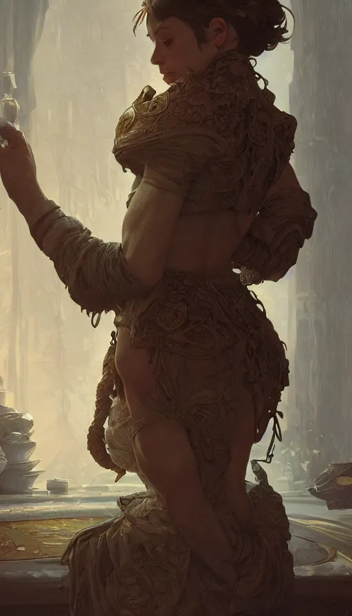 Image similar to inn keeper, sweaty, insane, intricate, highly detailed, digital painting, artstation, concept art, smooth, sharp focus, illustration, Unreal Engine 5, 8K, art by artgerm and greg rutkowski and alphonse mucha