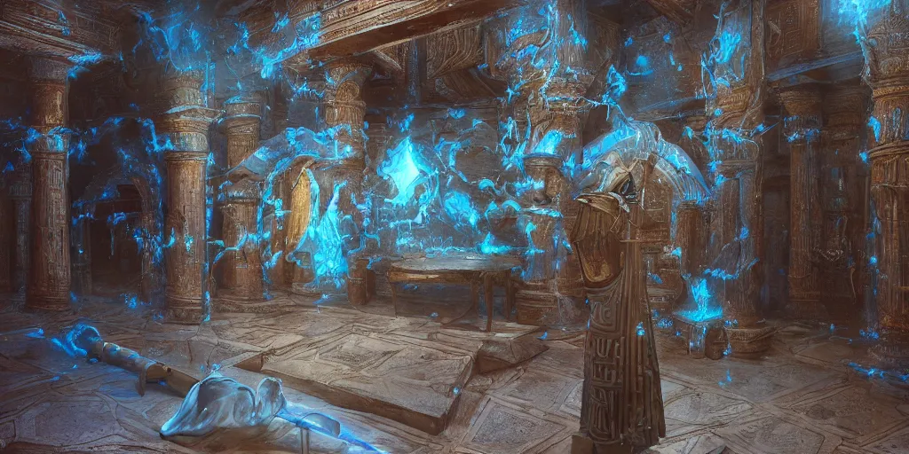 Image similar to old twisted wooden staff weapon with a blue crystal at it's tip, fantasy movie scene greg rutkowski digital painting of an ornate and royal egyptian antechamber tomb, unreal engine, hyper realism, realistic shading, cinematic composition, blender render, octane render, hdr, detailed textures, photorealistic, ultrawide shot, 3 5 mm film