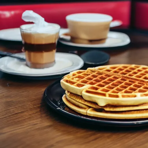 Prompt: first person perspective picture of arms on table, wafflehouse