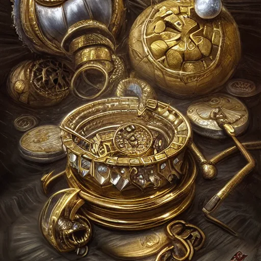 Image similar to a pile of shiny gold and silver treasure, fantasy art, trending on art station, highly detailed, hyper realism, art,