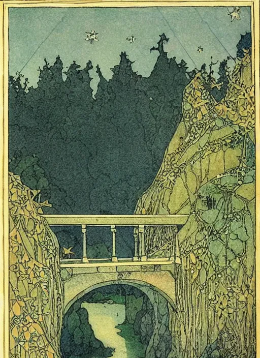 Prompt: an crystal bridge crosses a river flowing with stars, highly detailed, aesthetics, by edmund dulac