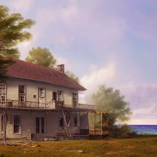 Image similar to colonial house on the shore of Lake Huron, felix Kelly, artstation, Matte painting