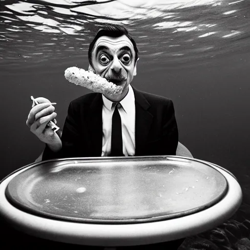 Prompt: An Alec Soth portrait photo of Mr. Bean eating a corndog while underwater