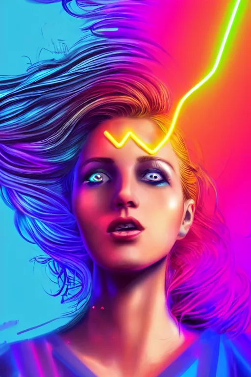 Image similar to a award winning half body portrait of a beautiful woman with stunning eyes in a croptop and cargo pants with rainbow colored ombre hairstyle head in motion and hair flying singing by thomas danthony, outlined by whirling illuminated neon lines, outrun, vaporware, shaded flat illustration, digital art, trending on artstation, highly detailed, fine detail, intricate