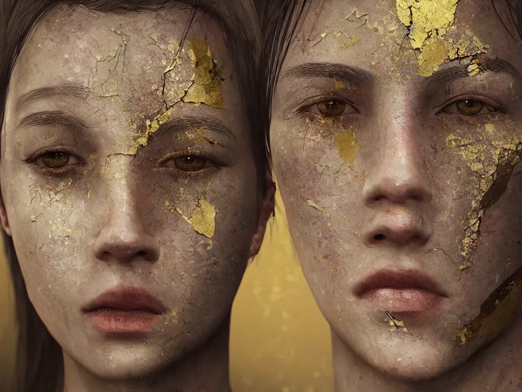 Image similar to a beautiful hyperrealistic rendering portrait of a human being with kintsugi reparied pottery cracks of gold on their face, rendering, cryengine, deep colors, deep lush vivid colors, vray render, cgsociety