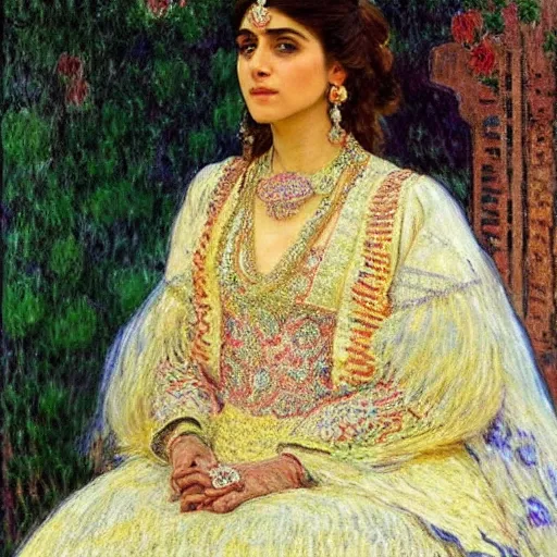 Image similar to full body portrait of a beautiful Kurdish bride wearing a beautiful wedding dress, very detailed eyes, hyperrealistic, beautiful and symmetrical face, very detailed painting by Claude Monet and Alphonse Mucha, ornate, trending on artstation, extremely high detail, incredibly intricate