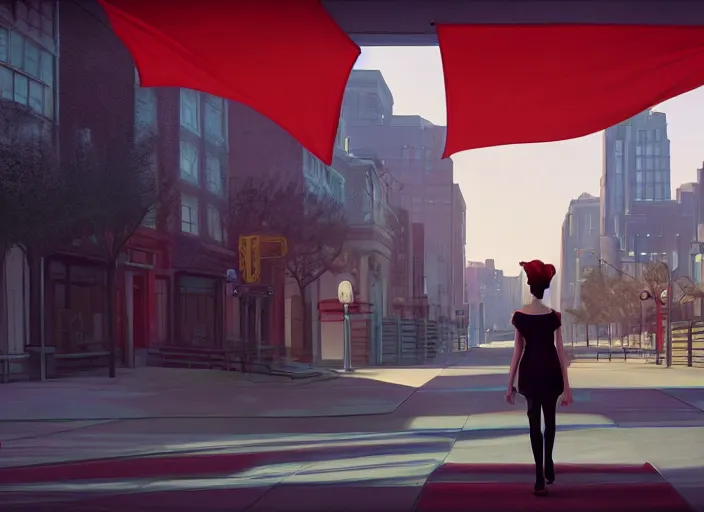 Image similar to inspiring beautiful girl carrying a red propaganda flag walking through beautiful futuristic city by Edward Hopper and Dan Mumford, Unreal Engine 5, Lumen, Nanite