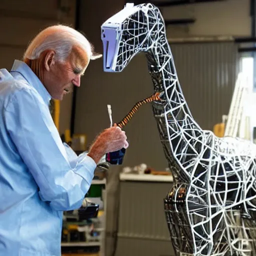 Image similar to prototype robot giraffe being worked on by one scientists engineer, joe biden.