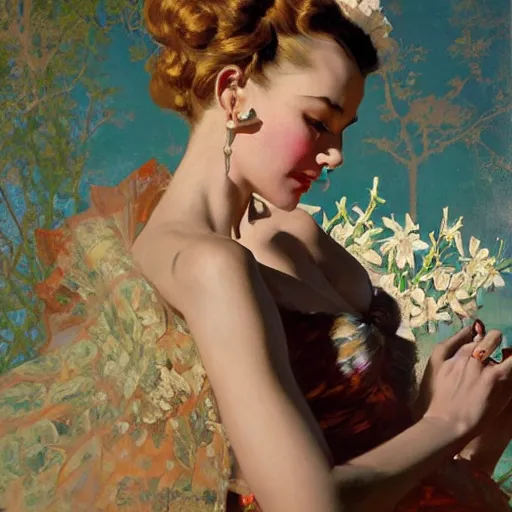 Prompt: portrait of a beautiful woman, intricate, elegant, highly detailed, by gil elvgren, by greg manchess, by mucha, by ruan jia