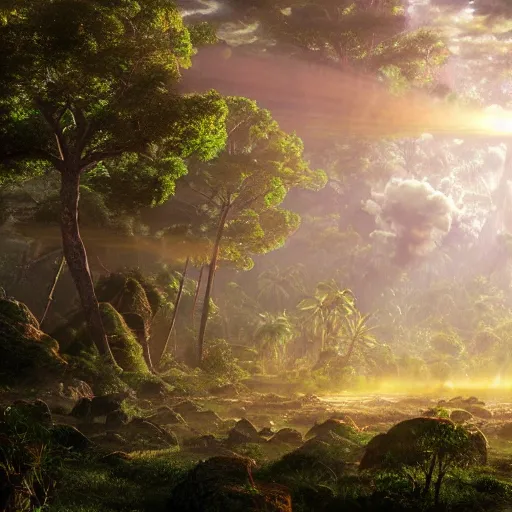Image similar to rhythmic interval tectonic surfaces as resonant harmonic organic mystical megastructure crystal lattice pyramid architectures exploding with light and god rays in a hawaiian forest by albert bierstadt, by glen small, by giovanni battista piranesi, photorealistic, god rays, octane render, depth of field, volumetric light, volumetric fog