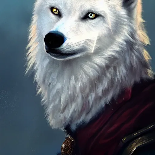 Image similar to A white wolf wearing an eyepatch, portrait, very detailed, artstation, award winning masterpiece, colourful, oil painting