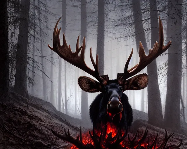 Image similar to 5 5 mm portrait photo of a demonic heavily burning moose with red eyes and antlers and looking at the camera, in a magical forest. dark atmosphere. art by greg rutkowski and luis royo. highly detailed 8 k. intricate. lifelike. soft light. nikon d 8 5 0.